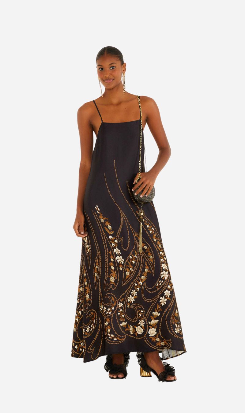 Farm Rio | Slip Midi Dress - Garden Silk Black