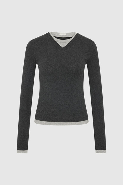 St Agni | Organic Cotton V Neck Long Sleeve Top - Charcoal Melange