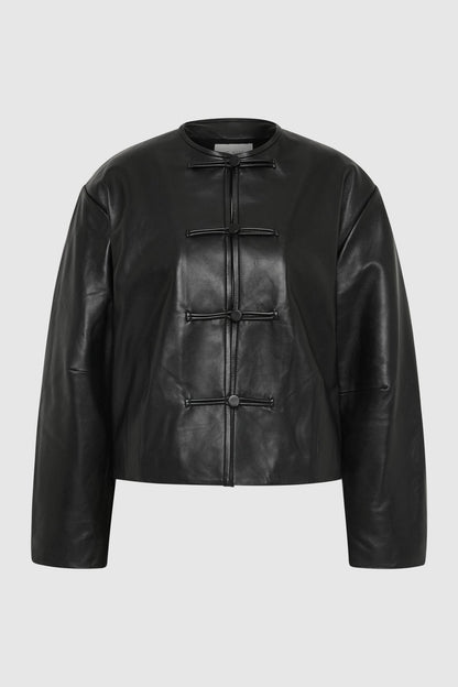 St Agni | Button Detail Cocoon Leather Jacket - Black