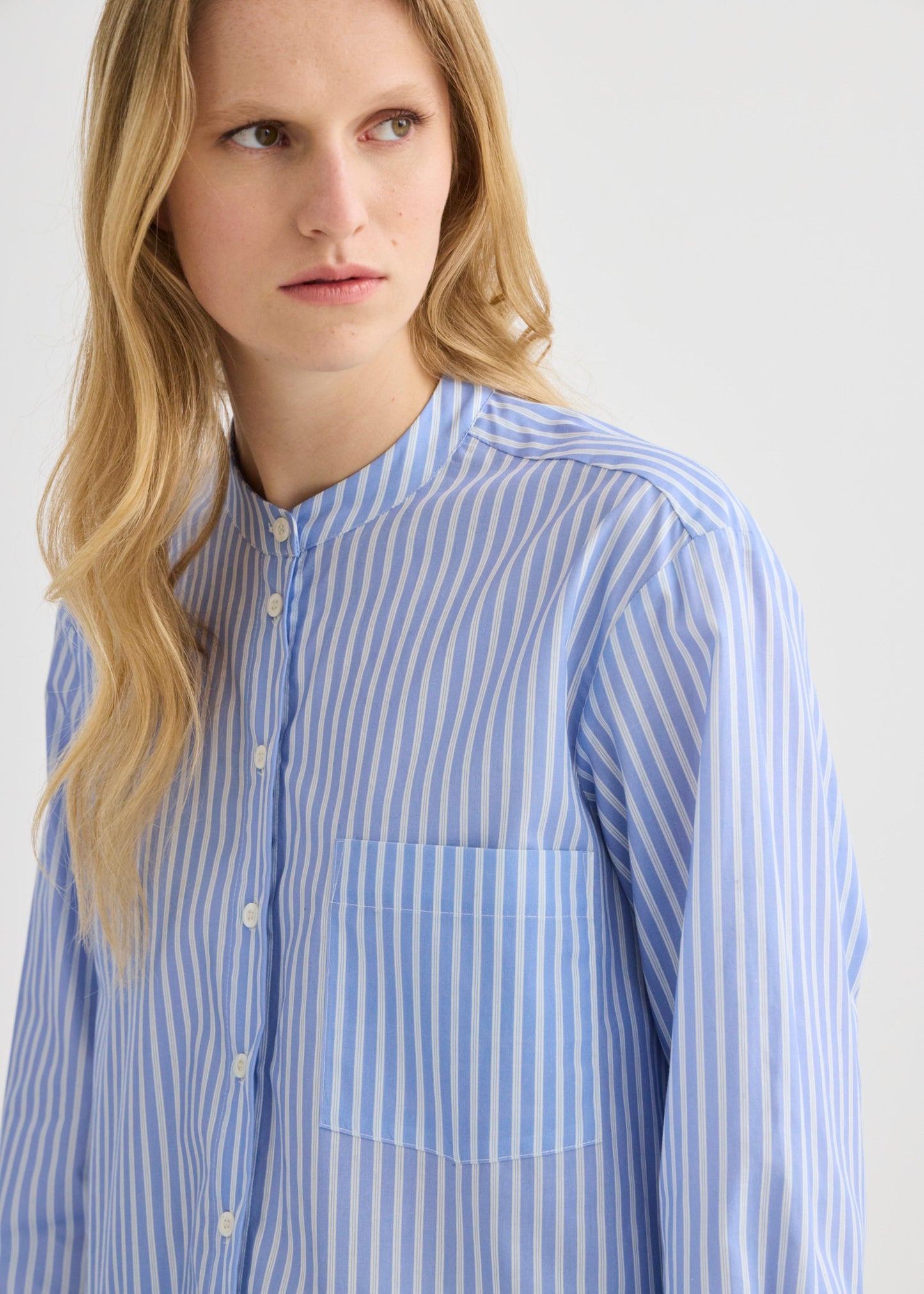 Laing | Striped Collarless Shirt - Oxford Blue