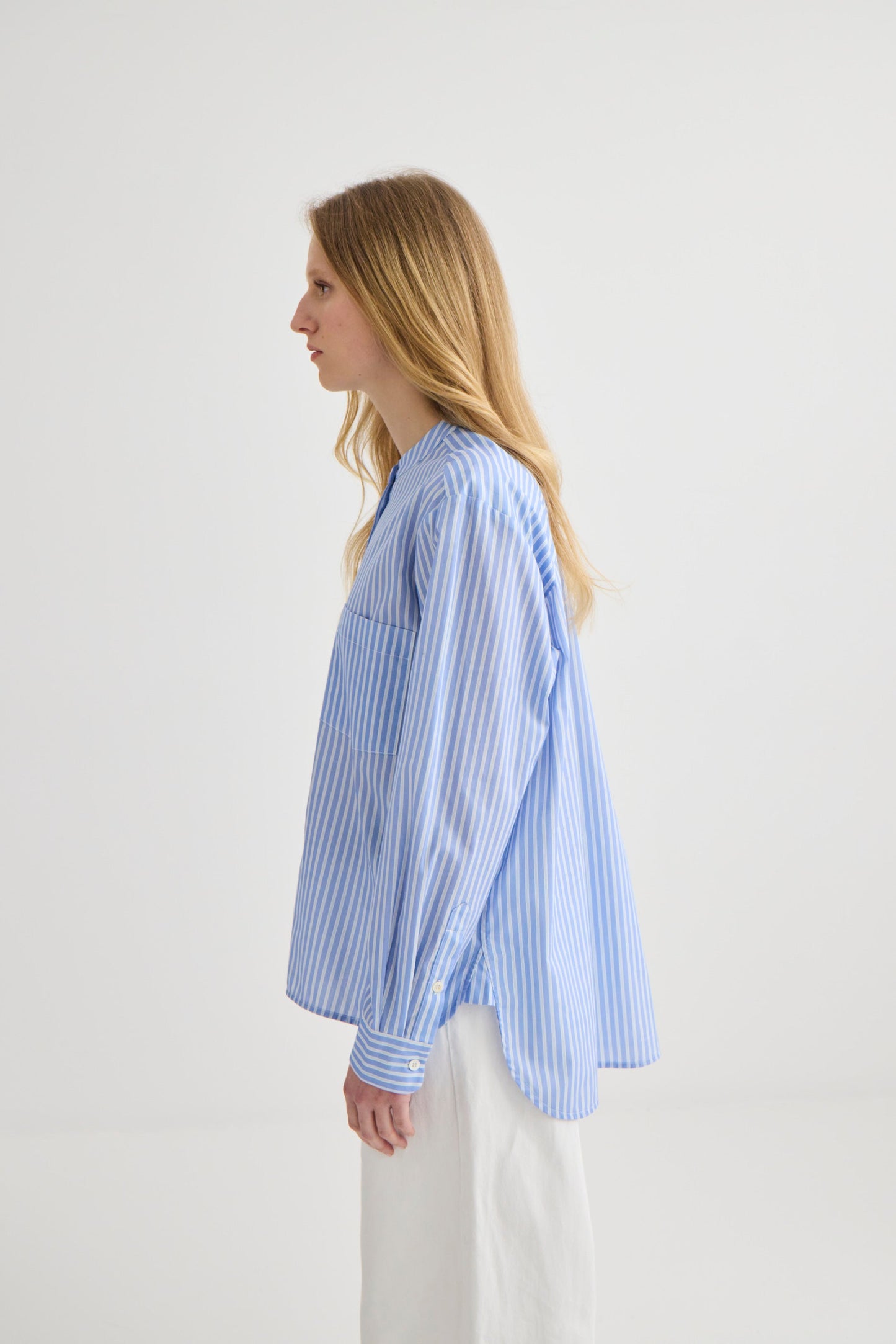 Laing | Striped Collarless Shirt - Oxford Blue