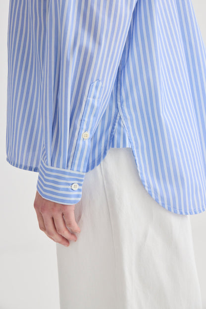 Laing | Striped Collarless Shirt - Oxford Blue