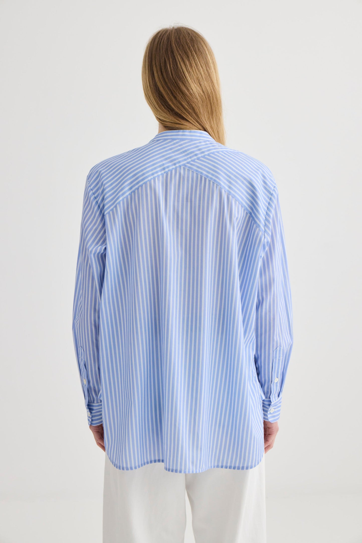Laing | Striped Collarless Shirt - Oxford Blue