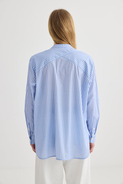 Laing | Striped Collarless Shirt - Oxford Blue