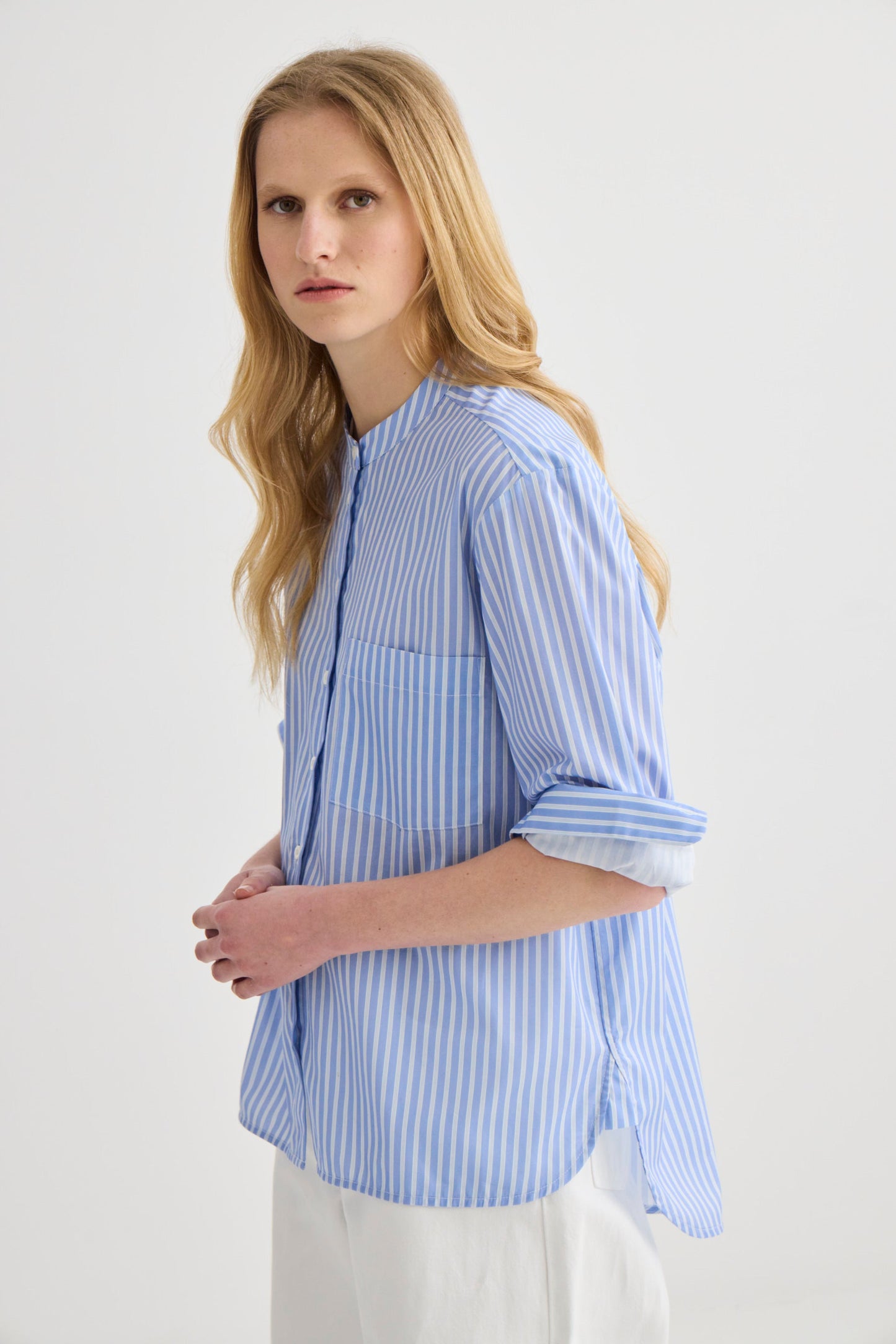 Laing | Striped Collarless Shirt - Oxford Blue