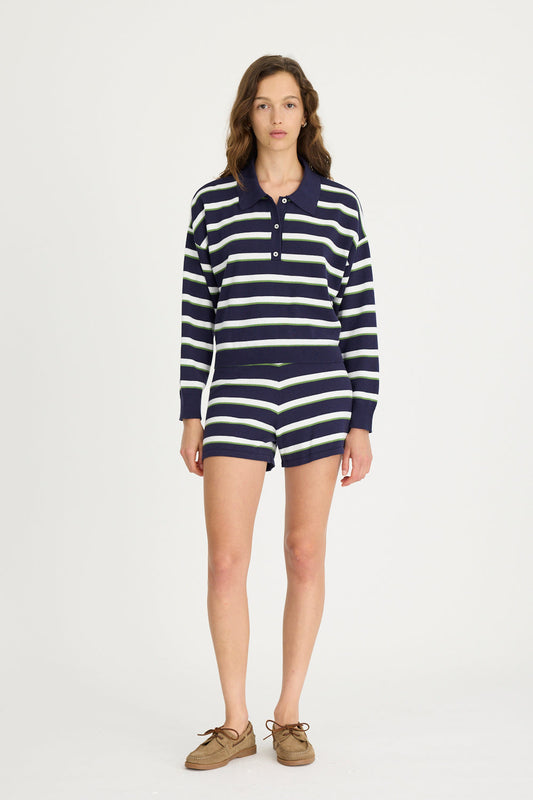LMND | Luna Long Sleeve Striped Polo - Navy/White/Pear