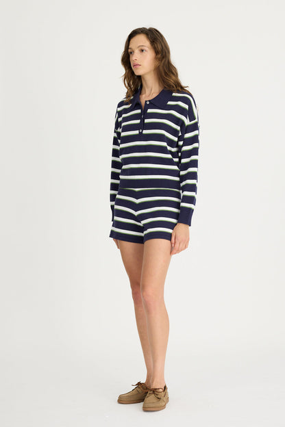 LMND | Luna Long Sleeve Striped Polo - Navy/White/Pear