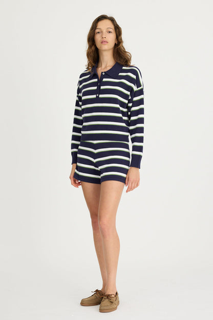 LMND | Luna Long Sleeve Striped Polo - Navy/White/Pear