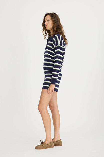 LMND | Luna Long Sleeve Striped Polo - Navy/White/Pear