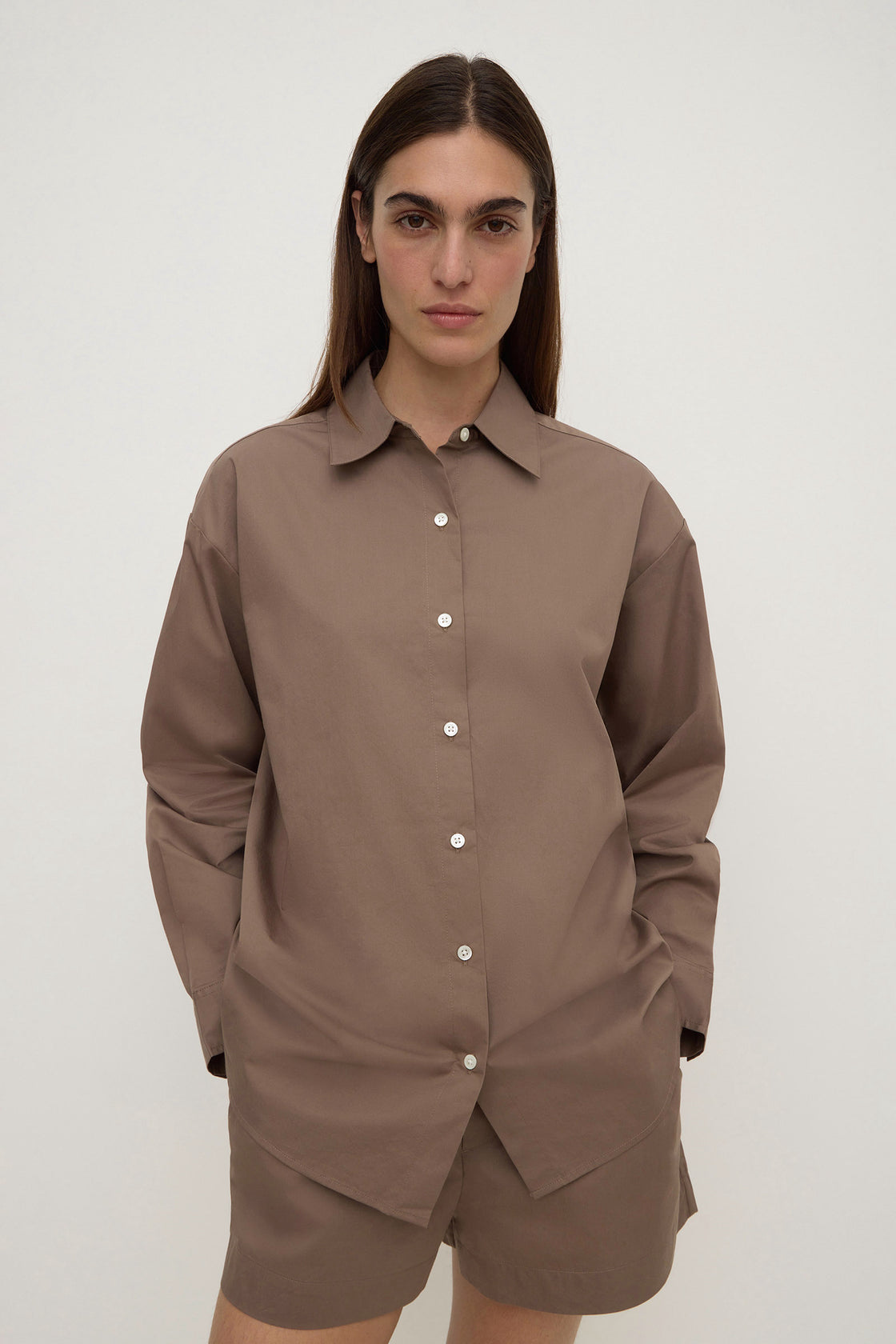 Assembly Label | Micha Poplin Long Sleeve Shirt - Dark Sand
