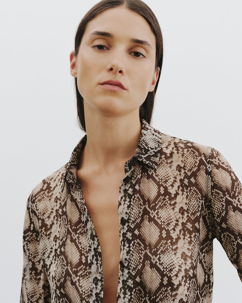 Nili Lotan | Gaia Slim Shirt - Stone/Brown Snake