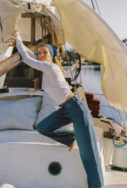 Outland Denim | Olive Mid Slouchy Wide Jean - Marina Mid Blue