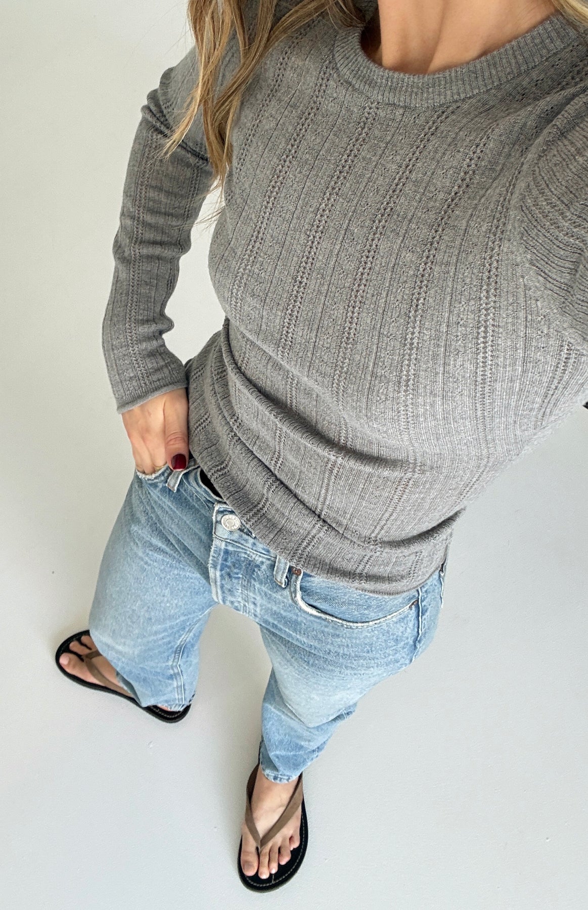 Dear Dylan | Merino Pointelle Longsleeve Knit - Grey Marle