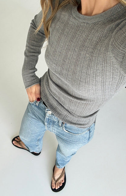 Dear Dylan | Merino Pointelle Longsleeve Knit - Grey Marle