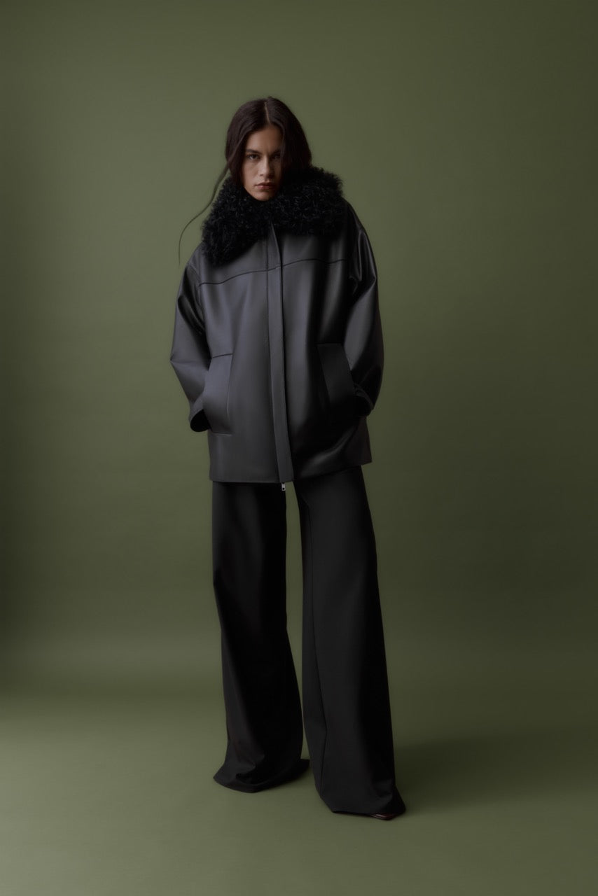 Rebe | Shearling Collar Leather Jacket - Black