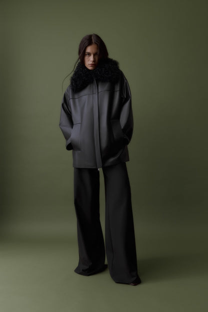 Rebe | Shearling Collar Leather Jacket - Black