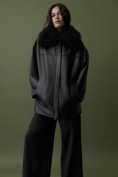 Rebe | Shearling Collar Leather Jacket - Black