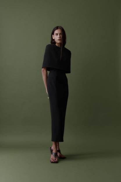 Rebe | Column Cape Dress - Black