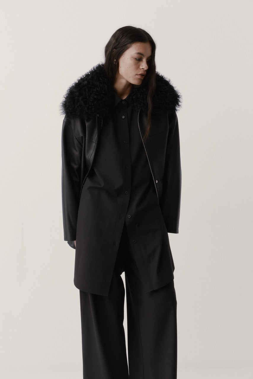 Rebe | Shearling Collar Leather Jacket - Black