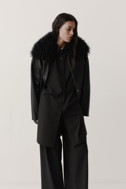 Rebe | Shearling Collar Leather Jacket - Black