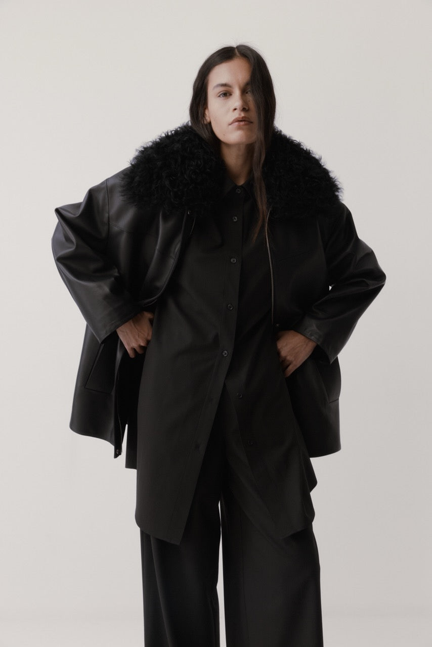 Rebe | Shearling Collar Leather Jacket - Black