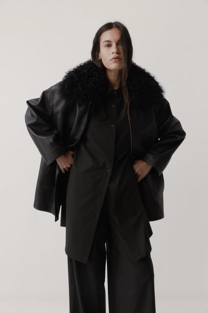 Rebe | Shearling Collar Leather Jacket - Black