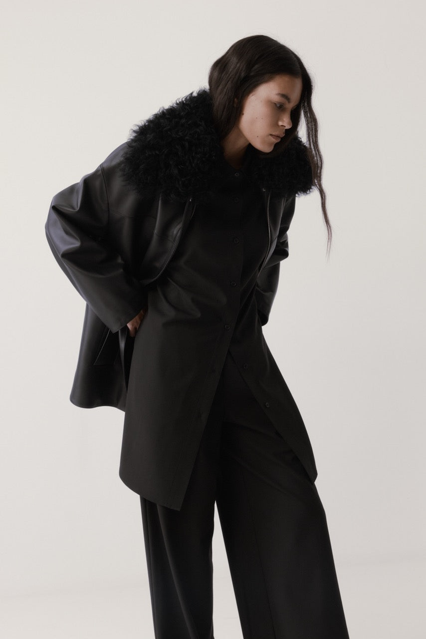 Rebe | Shearling Collar Leather Jacket - Black