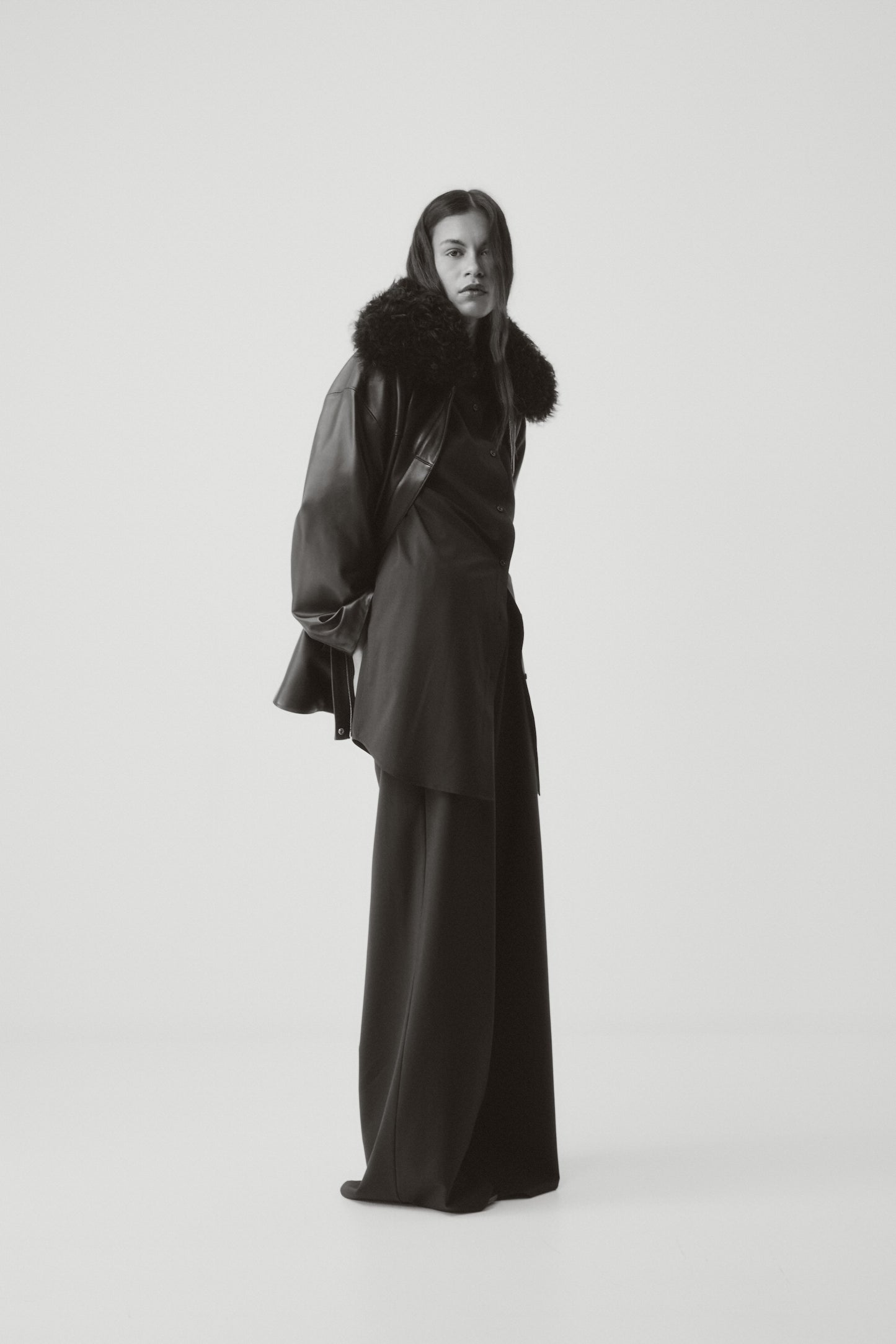Rebe | Shearling Collar Leather Jacket - Black