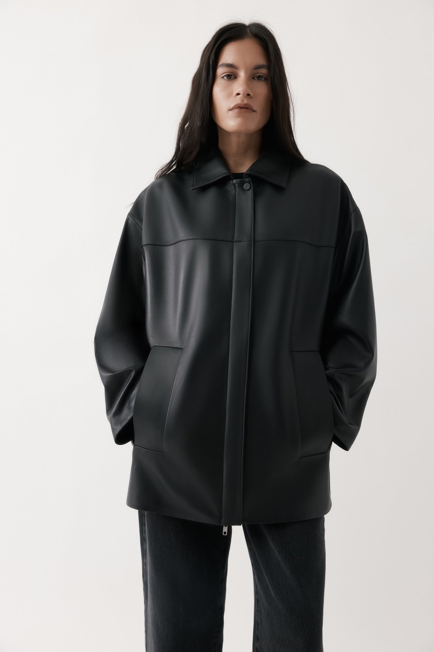Rebe | Shearling Collar Leather Jacket - Black