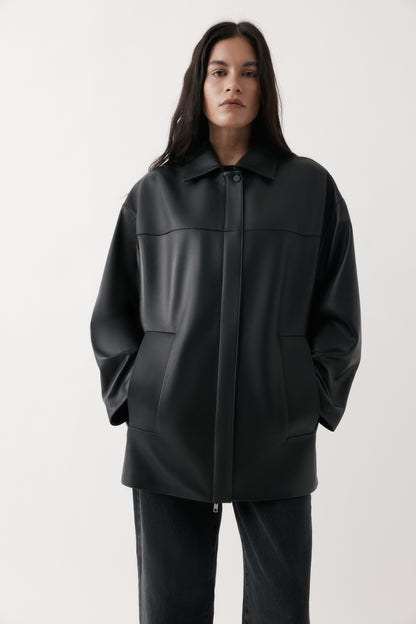 Rebe | Shearling Collar Leather Jacket - Black
