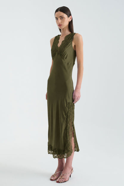 Rowie The Label | Annie Silk Midi Dress - Olive