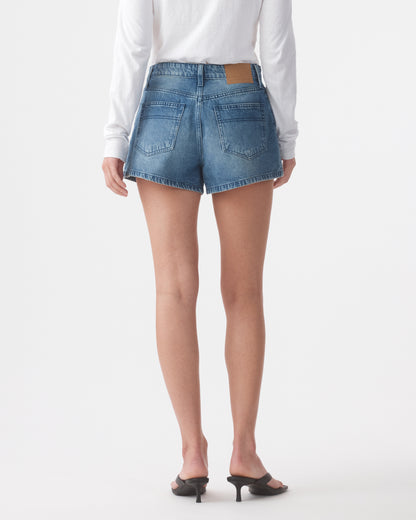 Outland Denim | Ebony High Flare Short - Marina Mid Blue