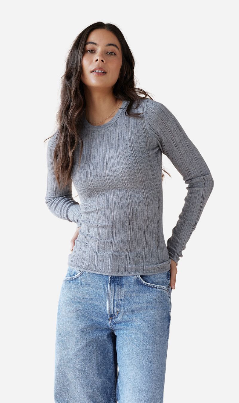 Dear Dylan | Merino Pointelle Longsleeve Knit - Grey Marle