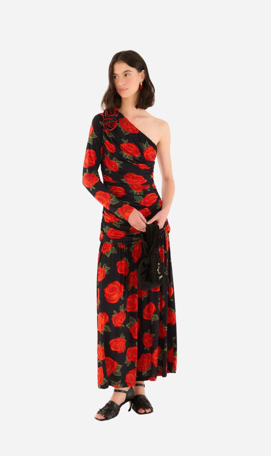 Farm Rio | One Shoulder Midi - Latin Roses Black