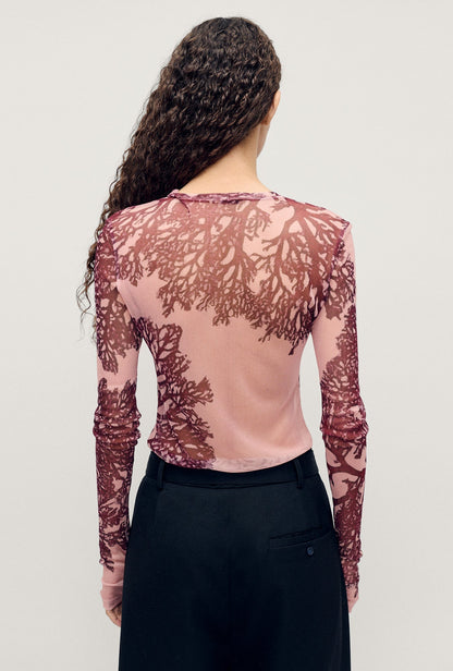 Silk Laundry | Mesh Long Sleeve Top - Pressed Coral