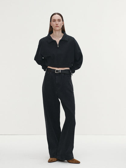 Tonywack | Garment Dyed Cropped Zip Up Sweatshirt - Faded Black