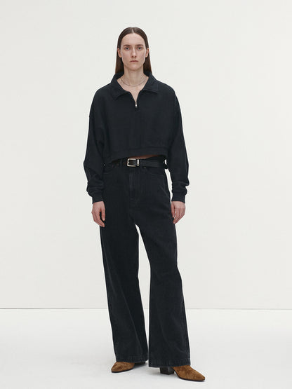Tonywack | Garment Dyed Cropped Zip Up Sweatshirt - Faded Black