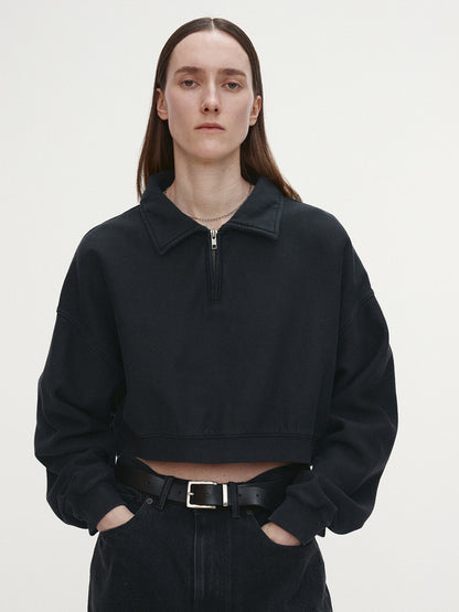 Tonywack | Garment Dyed Cropped Zip Up Sweatshirt - Faded Black