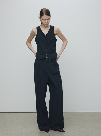 Tonywack | Linen Two Pleats Wide Pants - Navy