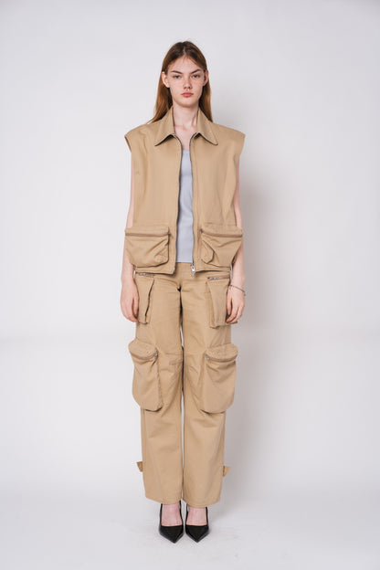 Tonywack | Washed Herringbone Cotton Multi Pocket Cargo Pants - Beige
