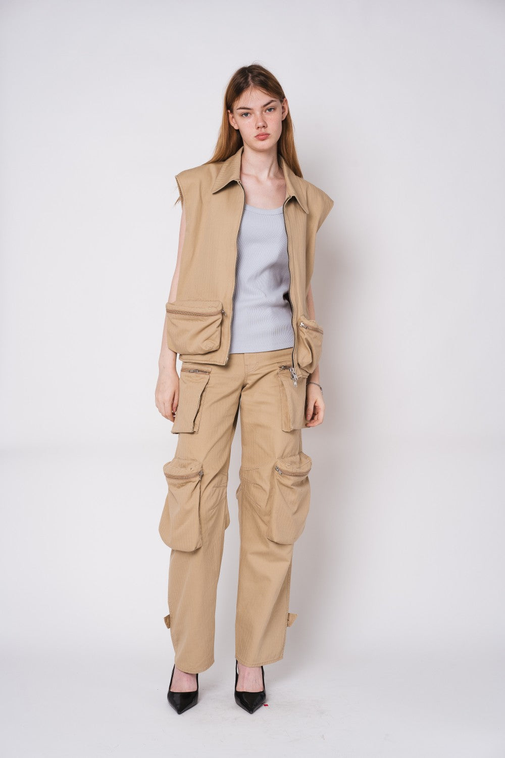 Tonywack | Washed Herringbone Cotton Multi Pocket Cargo Pants - Beige
