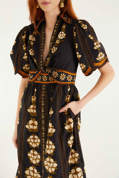 Farm Rio | Midi Dress Embroidered Flowers - Black