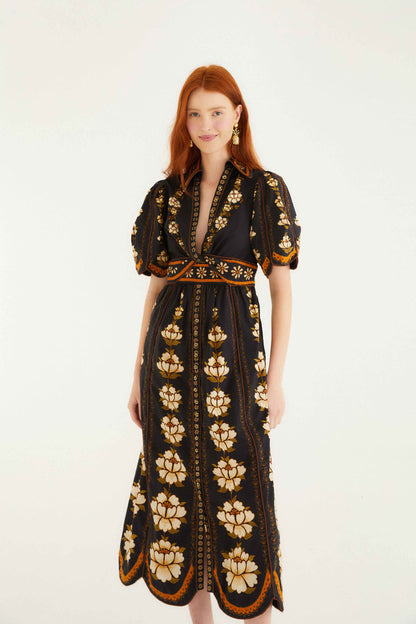 Farm Rio | Midi Dress Embroidered Flowers - Black