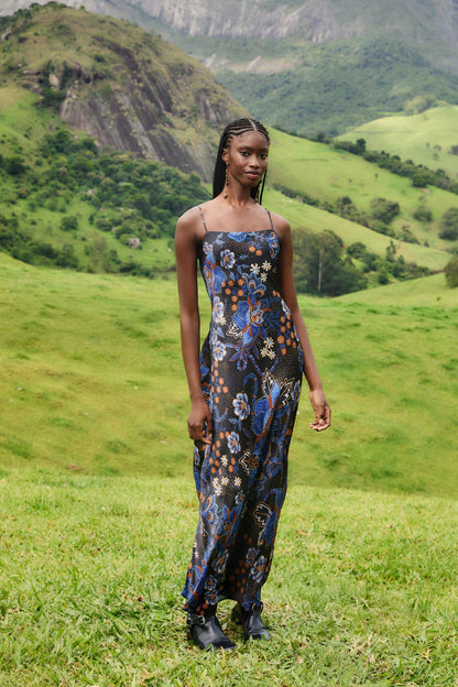 Farm Rio | Black Slip Maxi Dress - Snakes Bouquet