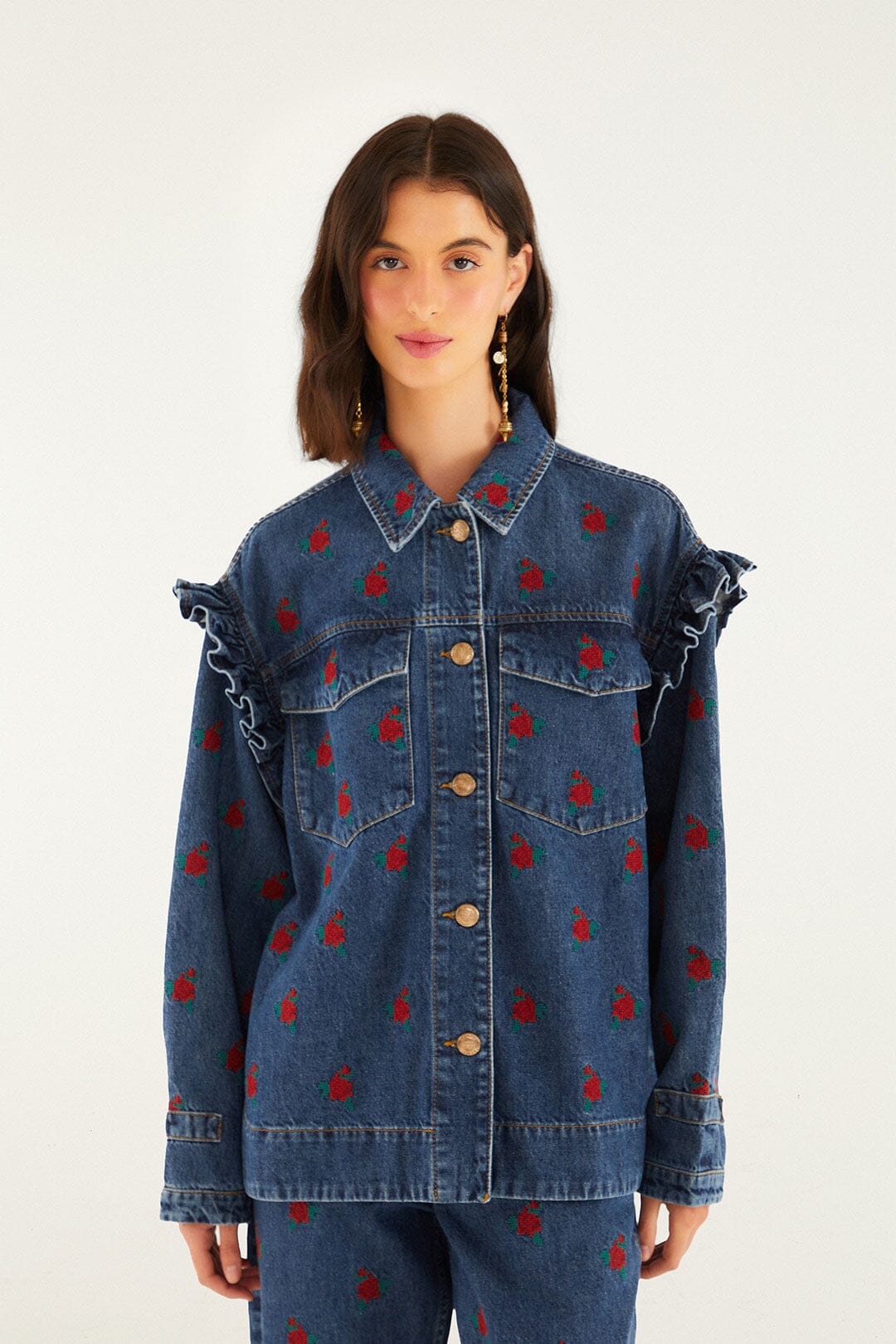 Farm Rio | Flower Embroidered Denim Shirt - Denim