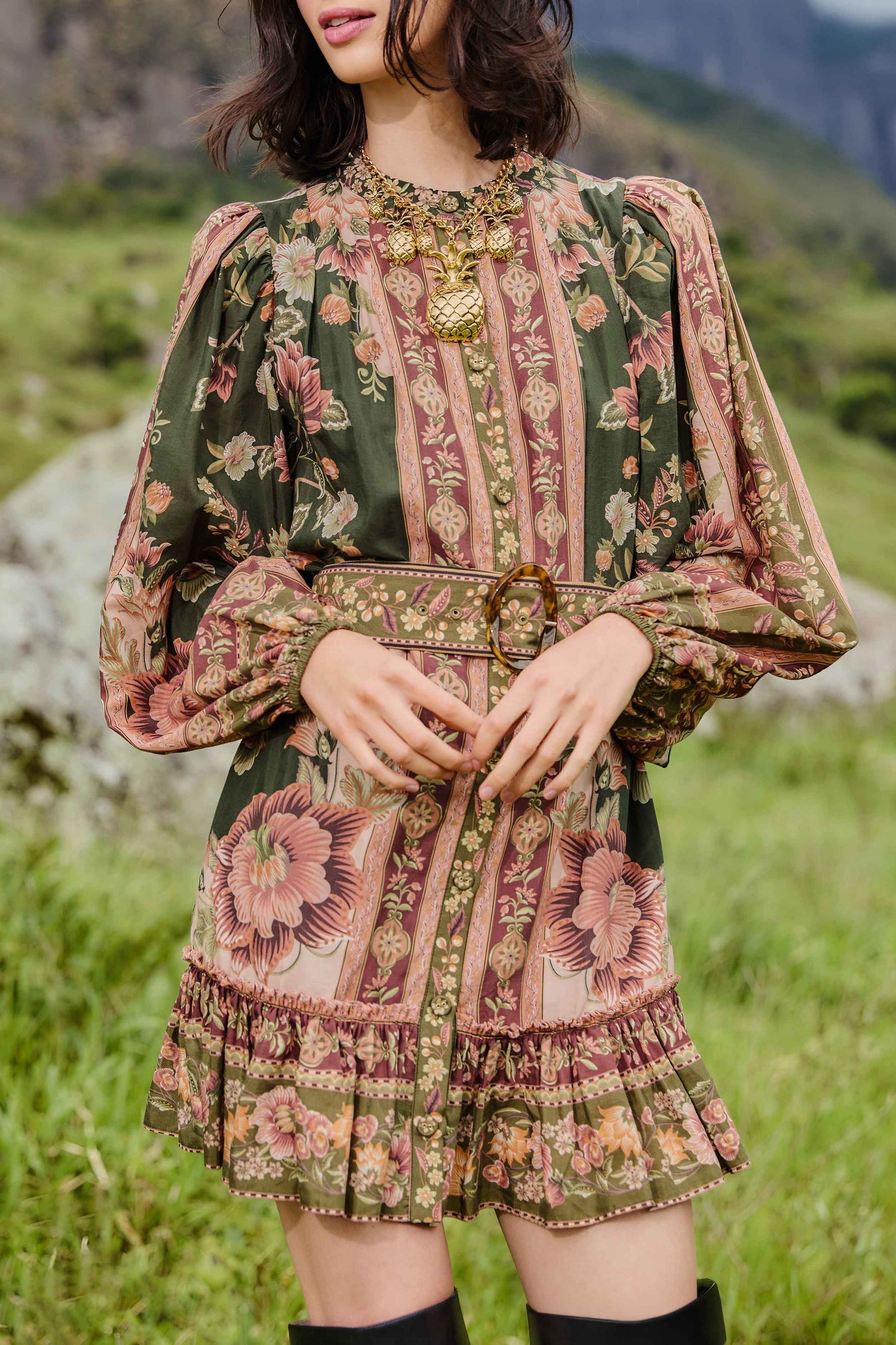 farm rio flowering garden tree green mini dress Green Pineapple Garden Long Sleeve Mini Dress FARM Rio