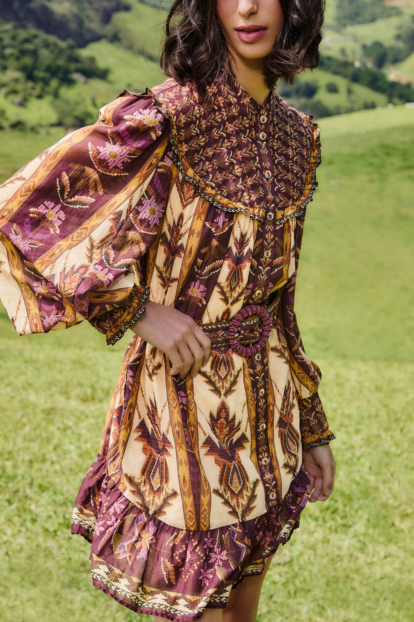 Farm Rio | Long Sleeve Mini Dress - Embroidered Tapestry Sand