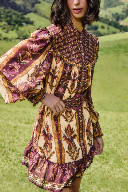 Farm Rio | Long Sleeve Mini Dress - Embroidered Tapestry Sand