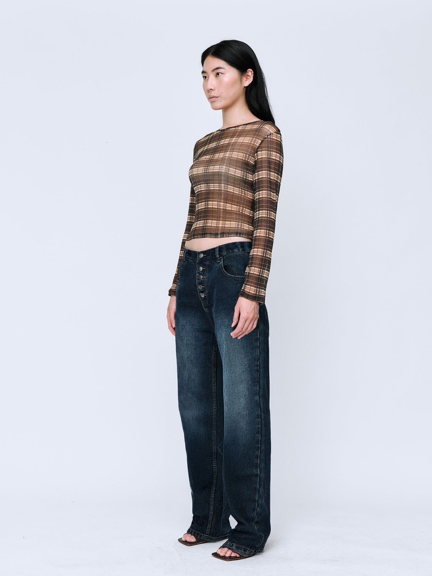 Wynn Hamlyn | Silk Mesh Long Sleeve Top - Brown Check