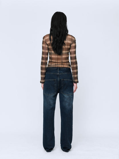 Wynn Hamlyn | Silk Mesh Long Sleeve Top - Brown Check